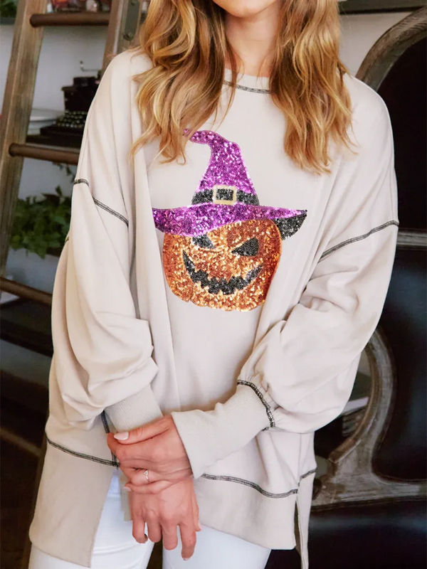 Women's Sequin Pumpkin Wizard Halloween Sweatshirt