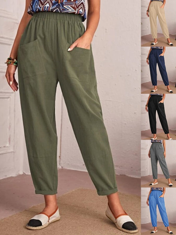 Cotton And Linen Elastic Waist Double Patch Pocket Casual Pants