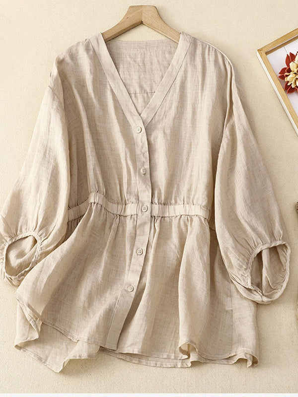 Cotton And Linen V-neck Waistband Lantern Sleeve Pullover Shirt