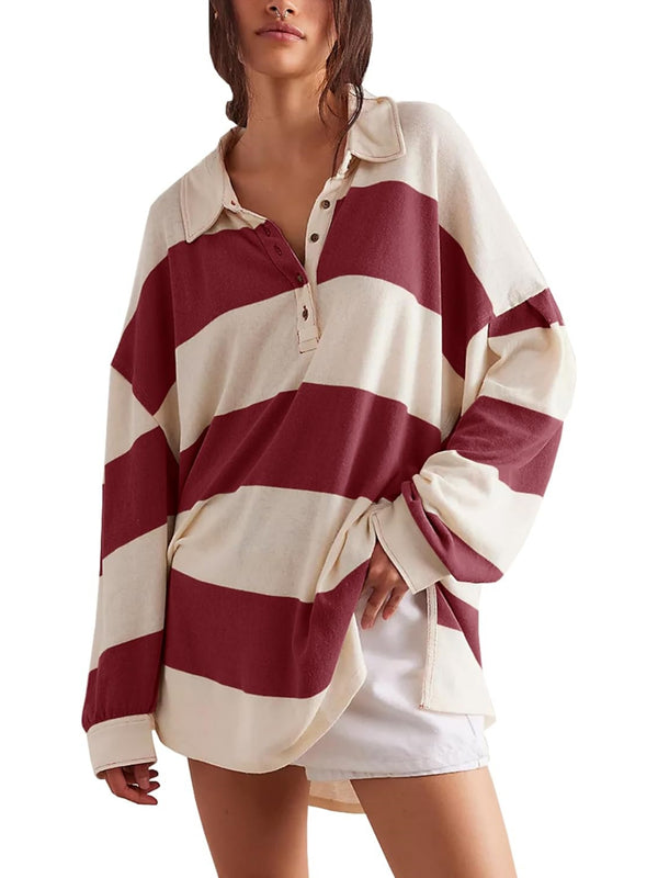 Oversized Striped Button Long Sleeve Pullover (Buy 2 Free Shipping)