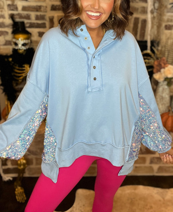 New Sequin Colorblock Henley Sweatshirt