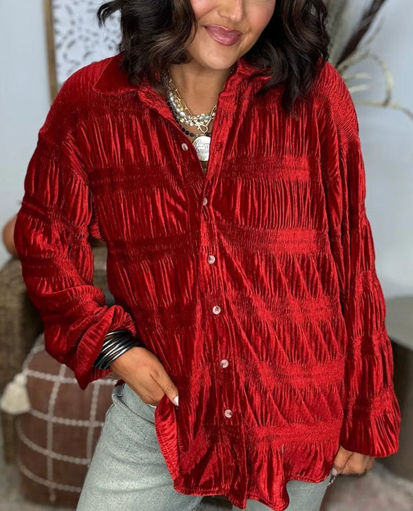 New Women's Shirred Velvet Button Down Top