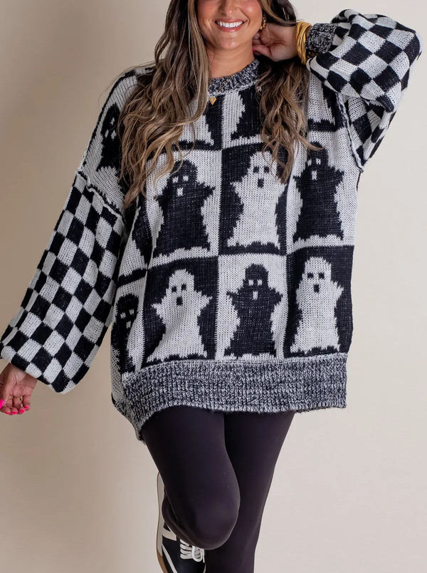 Women's Halloween Checkered Sweater - Spooky Season