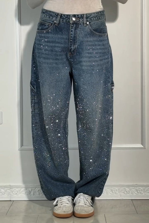 Women's Casual Rhinestone Loose Harem Jeans